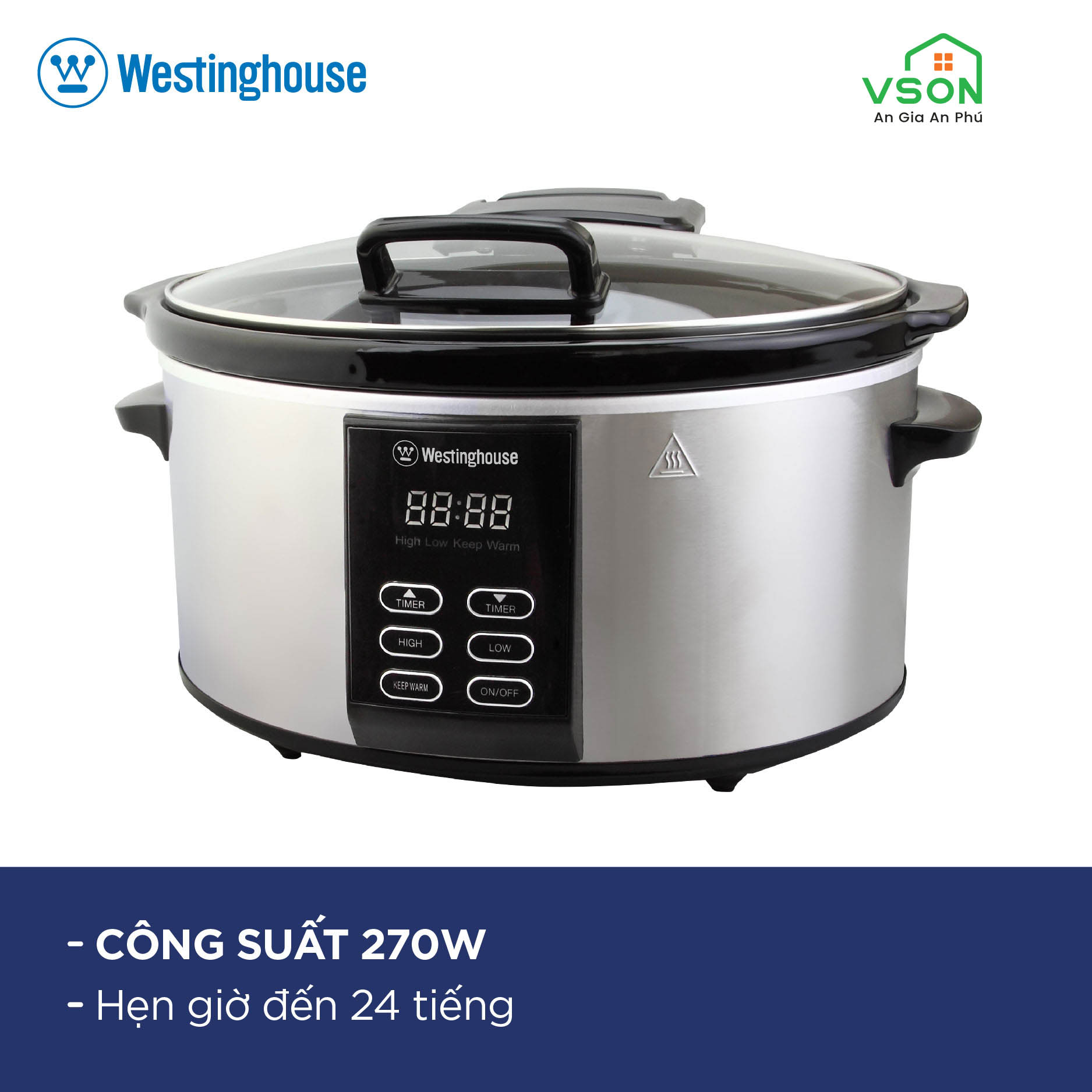 Nồi nấu chậm 6 Lít WestingHouse WKSC65 6L Công suất 270W Nồi bên trong bằng gốm Vỏ thép không gỉ - Hàng chính hãng