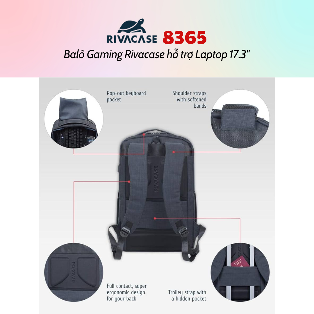 Balô Gaming Rivacase 8365 Để Vừa Laptop 17.3&quot; - Bảo Hành 24 Tháng - Hàng Chính Hãng
