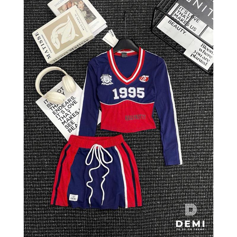 Set áo cổ tim 1995 KellyKitty tay sọc chân váy phối De