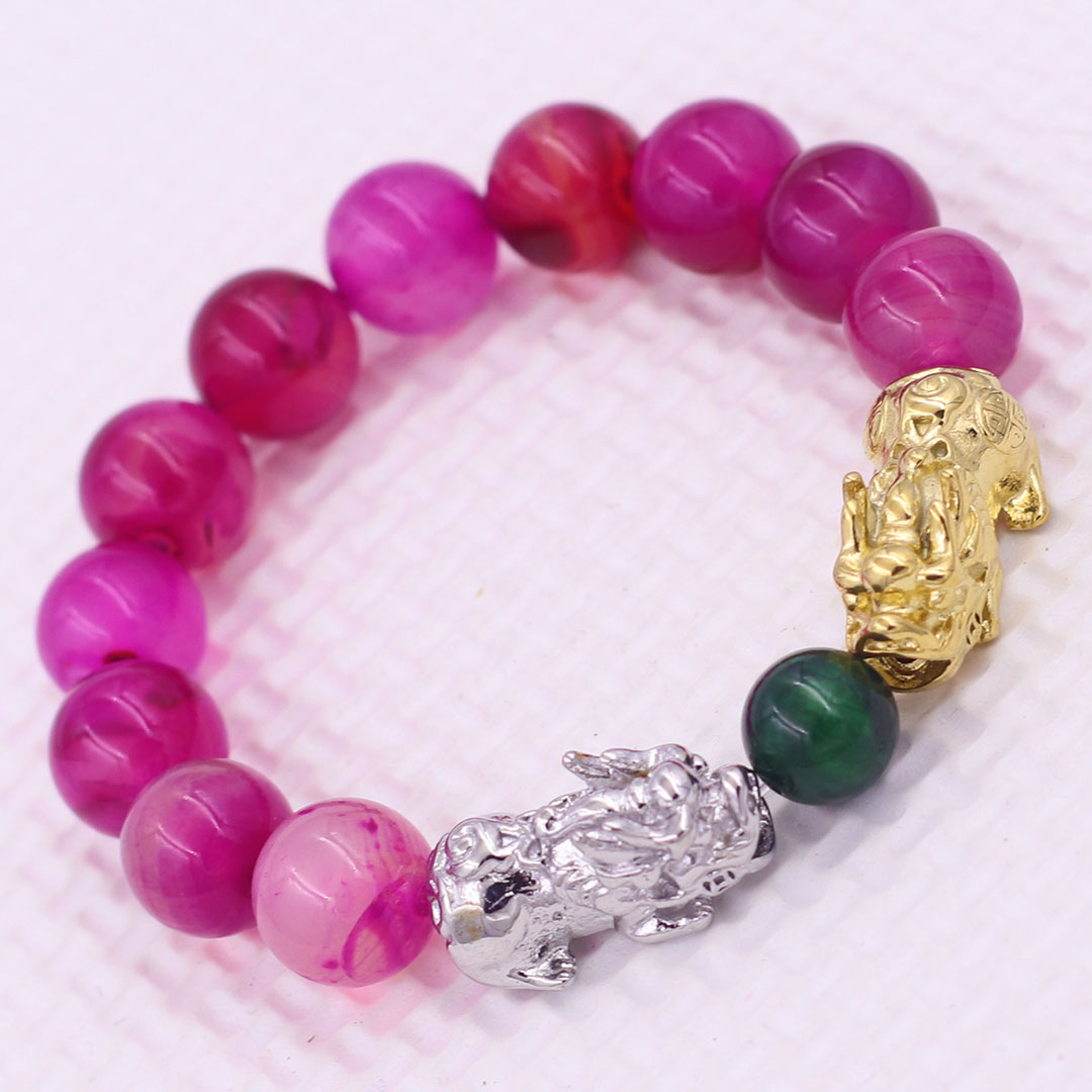 Vòng chuỗi đeo tay mã não hồng sọc 12 ly charm tỳ hưu đôi inox trắng và vàng, vòng chuỗi phong thủy, charm tỳ hưu, vòng tay hạt chuỗi