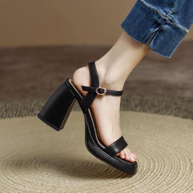 Sandal da mịn quai ngang đế đúp trước gót trụ vuông to - 9P