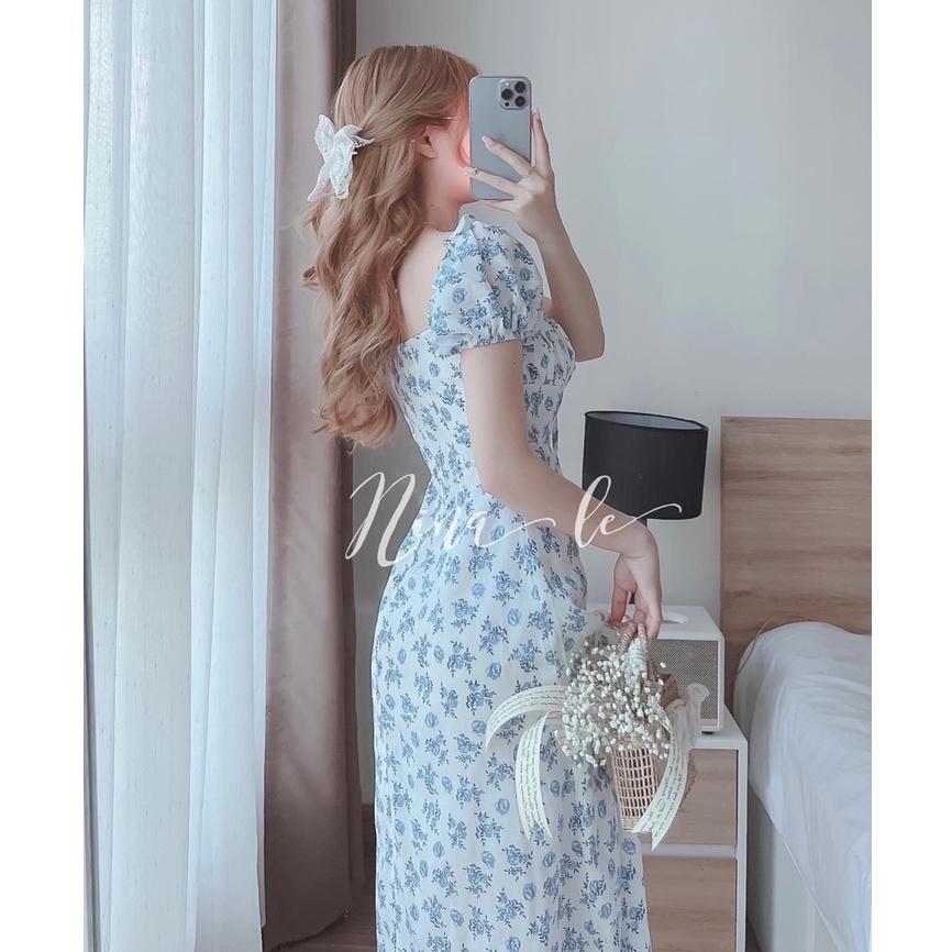 Váy Hoa Cổ Vuông Dáng Dài Xẻ Tà Nhún Ngực