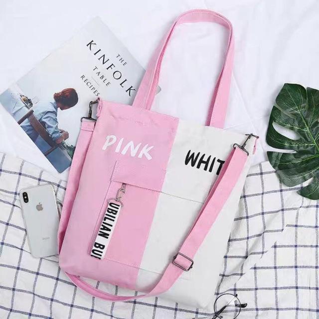 TÚI TOTE PHỐI MÀU chữ White Blue Black Yelow Pink thời trang mang hai kiểu mẫu mới hot style kitishop