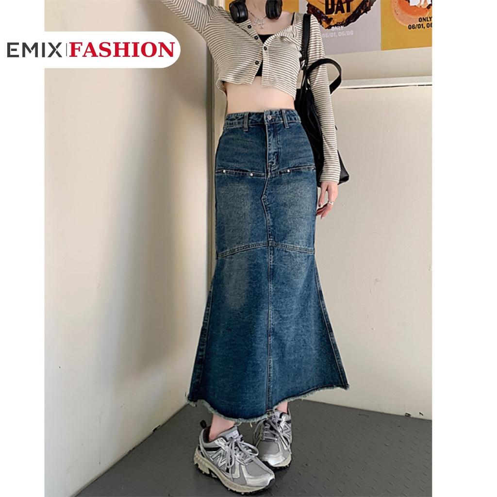 Chân váy bò dáng dài EMIX, denim, đuôi cá, dáng ôm, phối bèo dài, ulzzang Hàn Quốc 6857