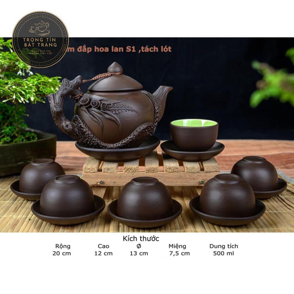 Bộ Ấm Chén Trà Đạo Gốm Tử Sa Bát Tràng Đắp Nổi Hoa Lan Dáng Thủy Bình Dung Tích 400ml ATSML 06.2