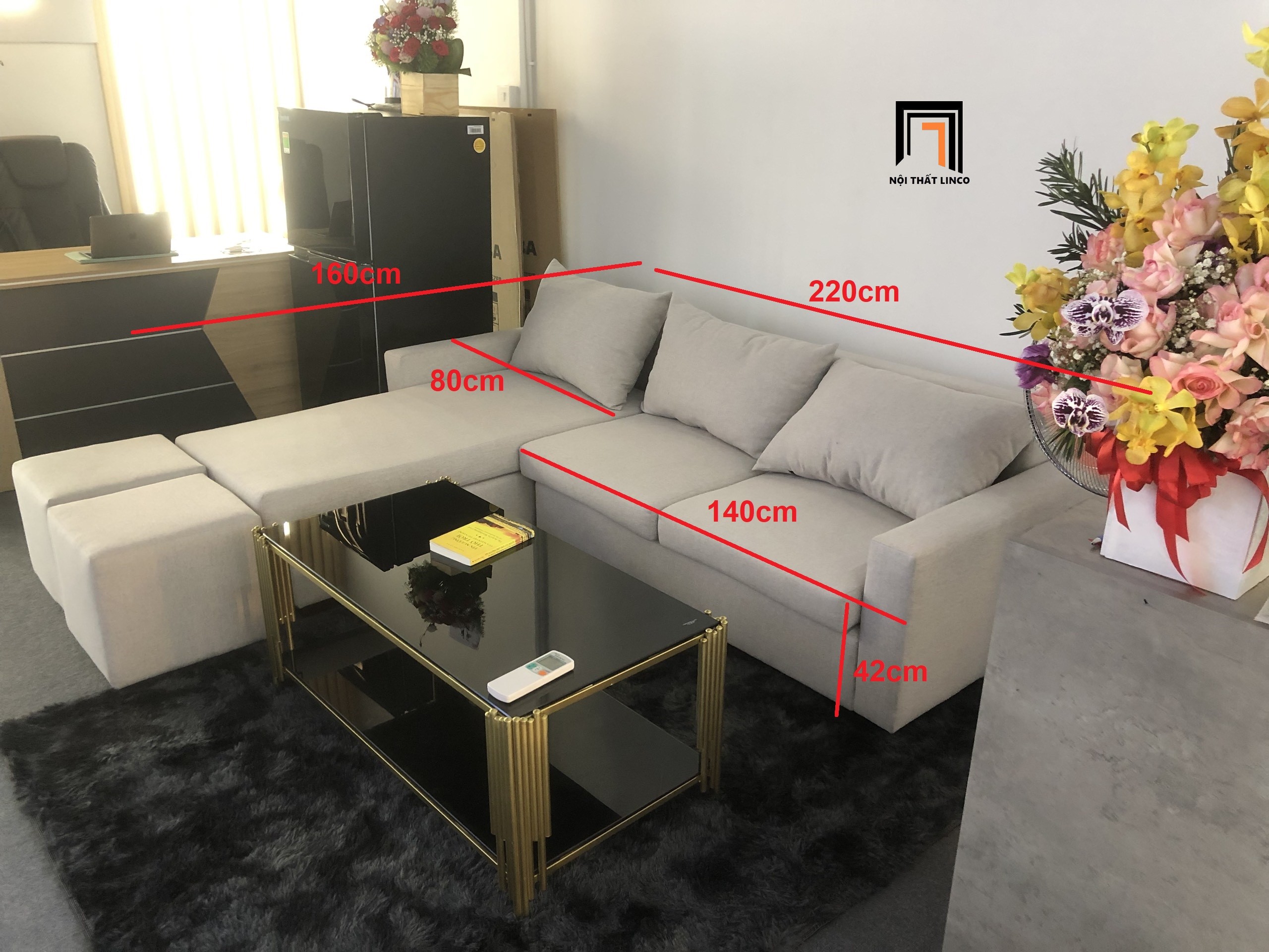 Bộ ghế sofa góc L xám trắng vải mềm nhiều kích cỡ