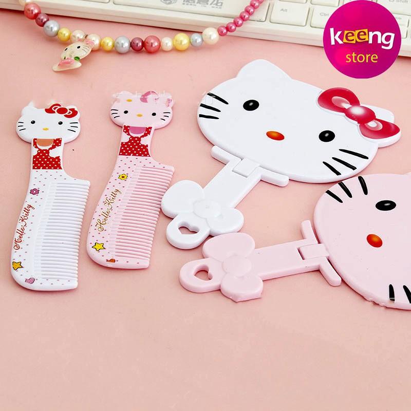 Gương trang điểm cầm tay Hello kitty kèm lược dễ thương