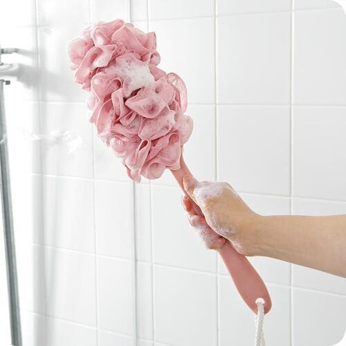 Cây chà lưng cọ kèm bông tắm có tay cầm dài lưới mềm mại massage sạch mụn trắng da vệ sinh cơ thể màu xanh hồng