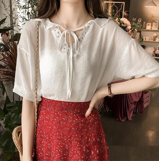 Áo sơ mi nữ form rộng voan cổ bèo thắt nơ