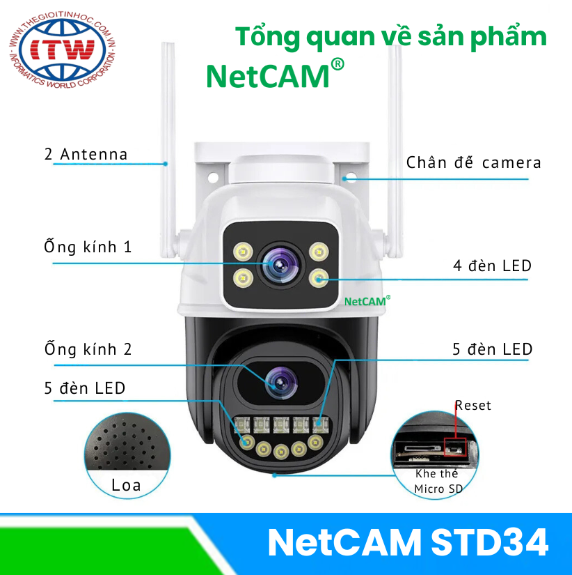 Camera Ngoài Trời NetCAM STD34, Quay Quét 360 độ, có Ống Kính Kép với Độ phân giải Siêu Nét 6MP - Hàng Chính Hãng