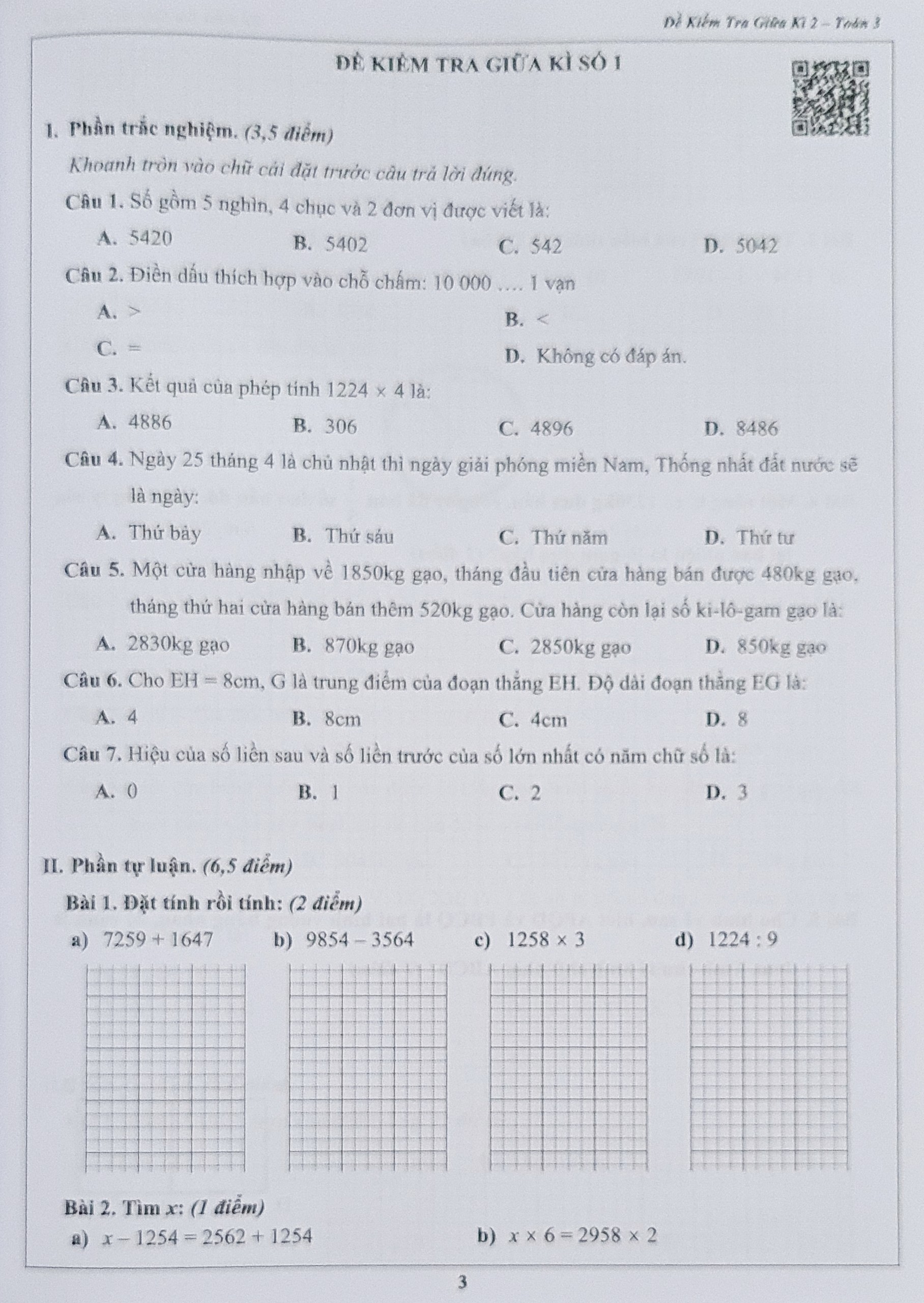 Combo Sách - Đề kiểm tra Toán 3 học kì I + II