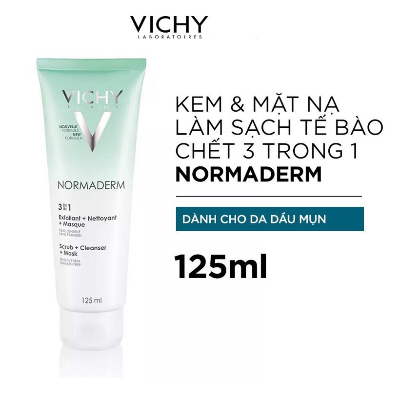 Kem Rửa Mặt Tẩy Tế Bào Chết Ngừa Mụn Kiêm Mặt Nạ Thanh Lọc Vichy Normaderm 3in1 Scrub + Cleanser + Mask 125ml