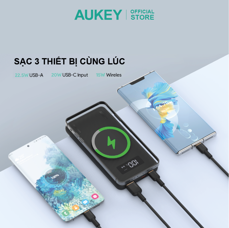 Pin dự phòng 10000mAh sạc nhanh 22.5W và sạc không dây 15W Aukey PB-WL01i, hàng chính hãng