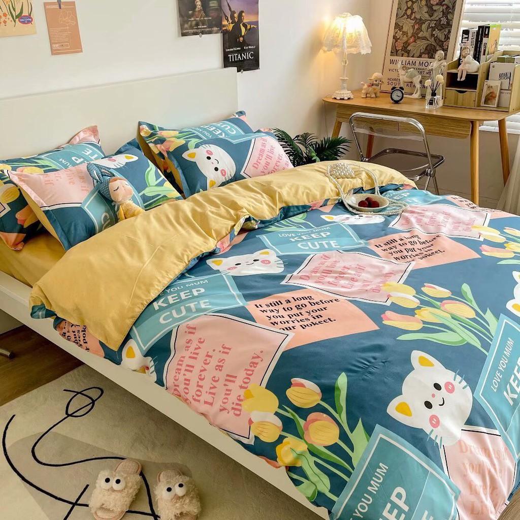 Bộ chăn ga gối Cotton Poly M2T bedding Mèo hoa, vỏ chăn mền, drap giường và 2 vỏ gối