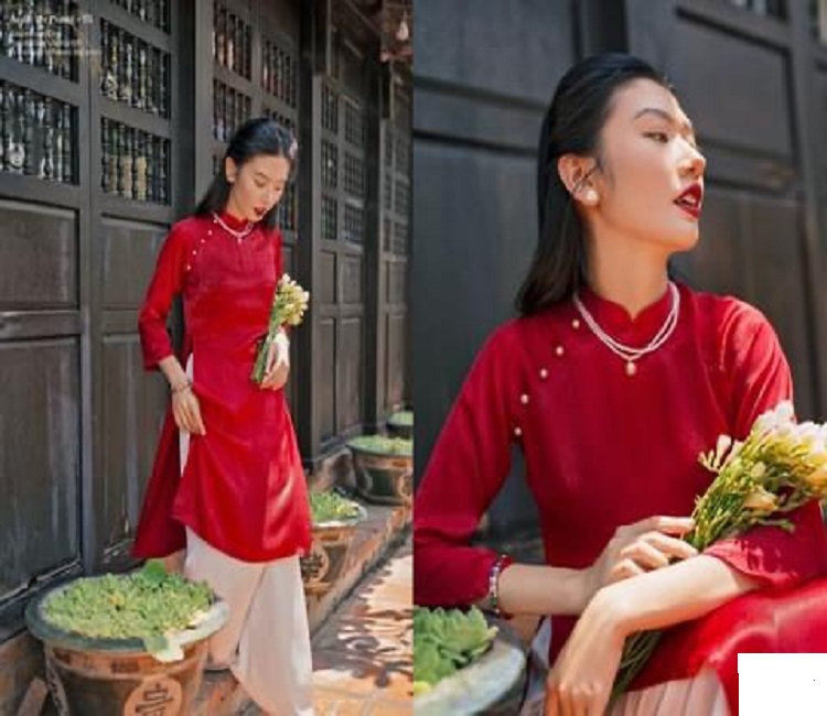 Áo Dài Cách Tân Lụa Tô Châu Cao Cấp - Áo Màu Đỏ + Quần Đỏ