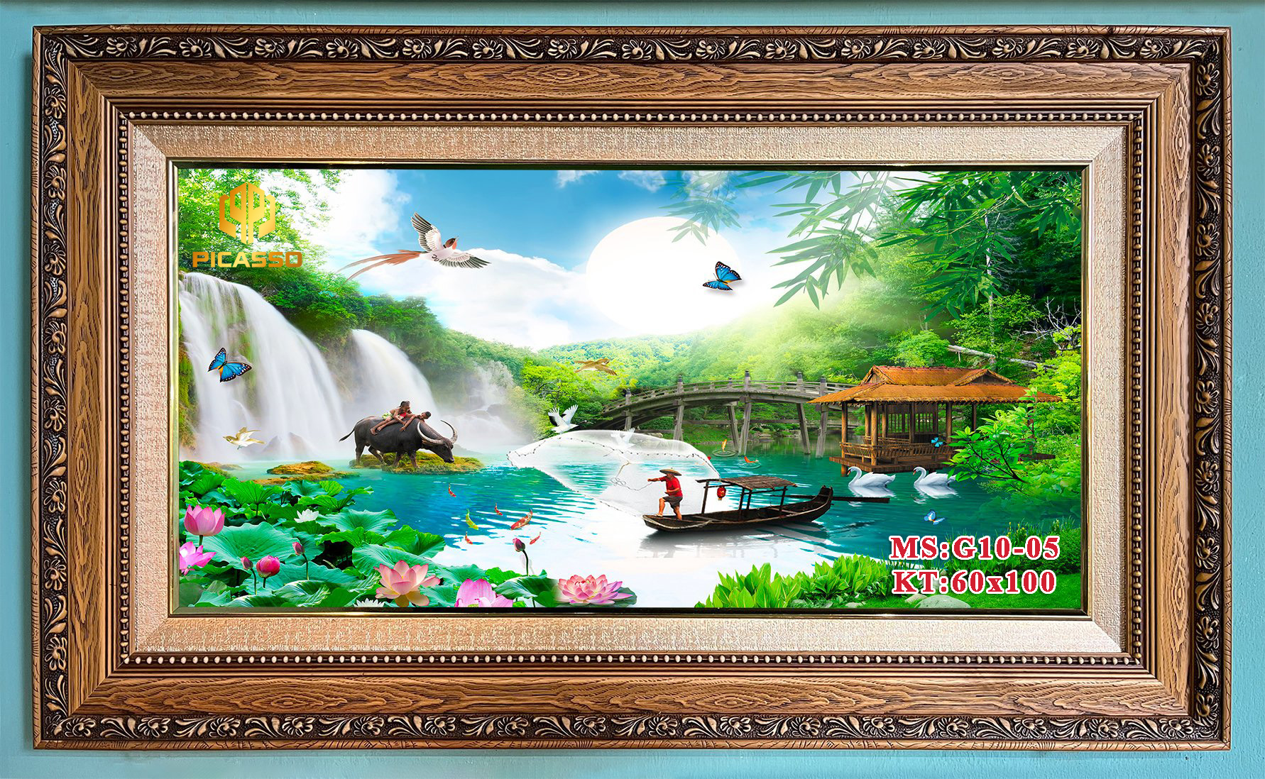 Tranh kính cường lực khung gỗ Sơn Thủy Hữu Tình G1002