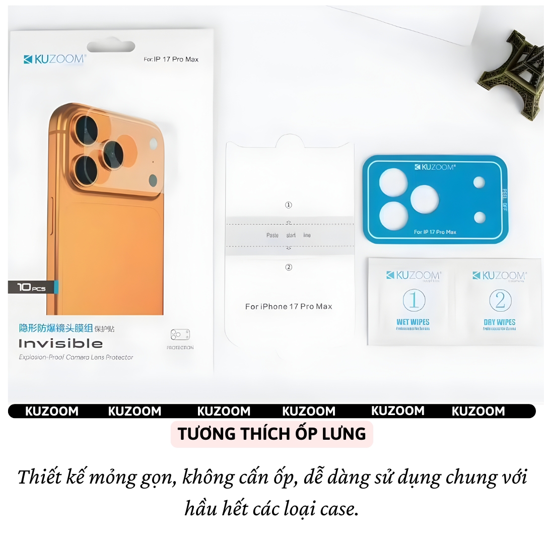 Dán Film InvisibleShield PPF bảo vê viền camera và mặt lưng cho iPhone 17 Pro Max / 17 Pro KUZOOM LENS - Siêu mỏng 0.1mm, chống trầy xước, Phủ nano chống vân taym, chống dầu, ppf cao cấp - Hàng nhập khẩu
