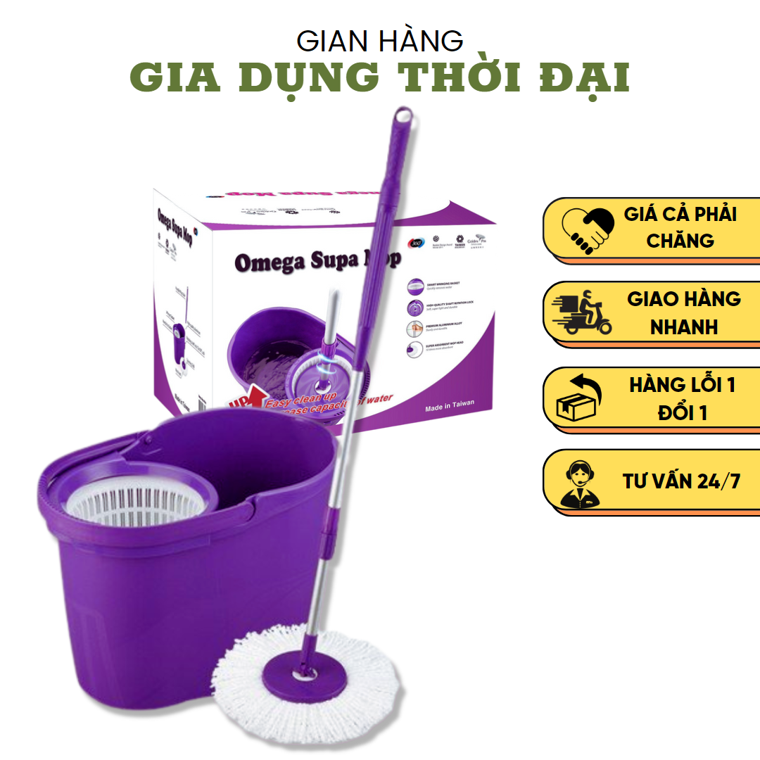 Bộ Lau Nhà Xoay 360 Độ OMEGA SUPA MOP Đài Loan (1 Thân Cây + 2 Bông Lau + 1 Thùng Lau) - Thông Minh - Dung Tích Lớn - Chất Liệu Nhôm Cao Cấp ( QUÀ TẶNG)