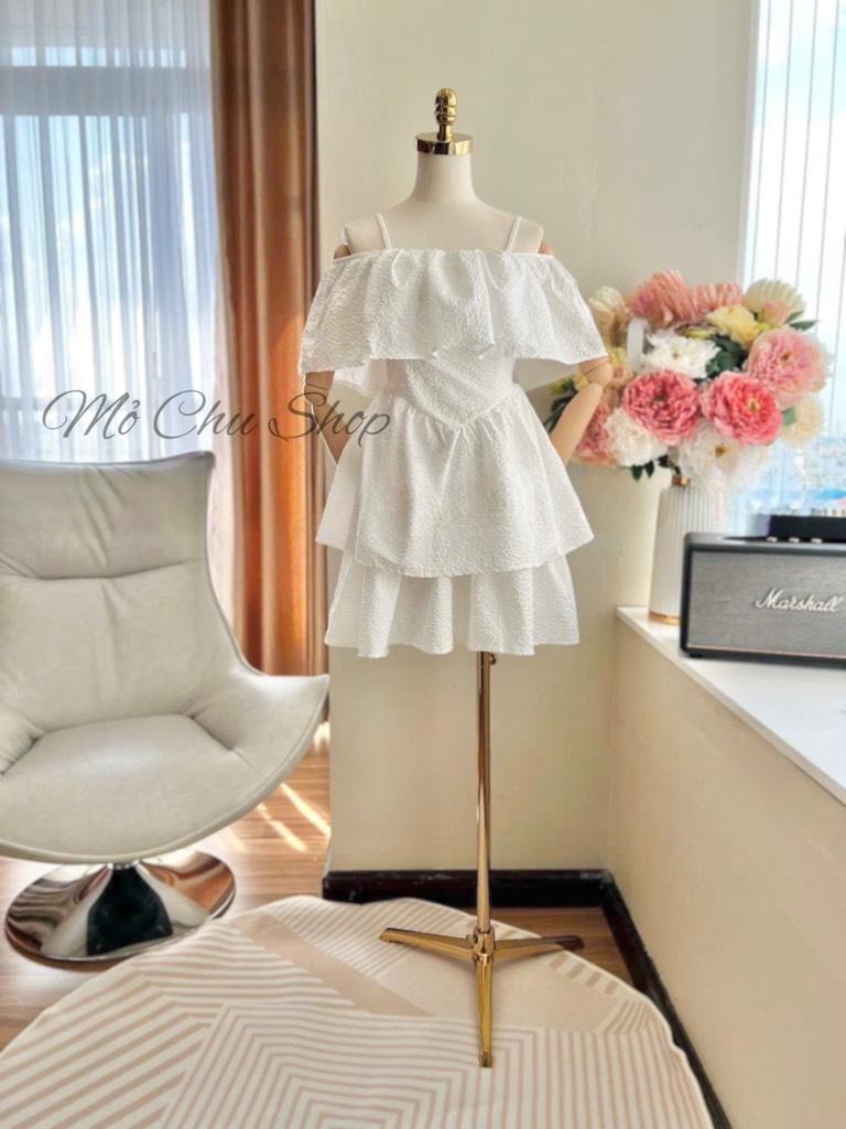 Đầm xòe gấm trễ vai bèo tầng siêu xinh