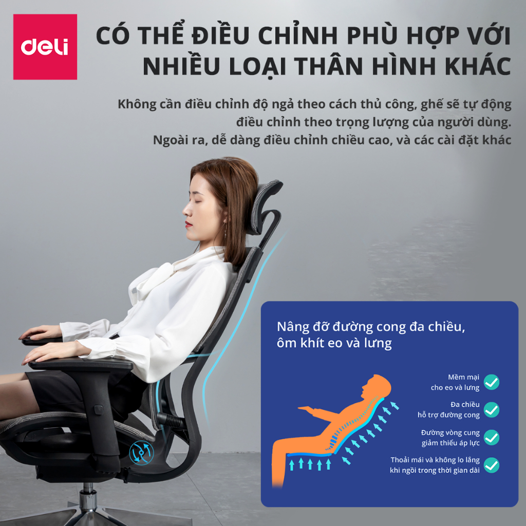 Ghế Xoay Văn Phòng Công Thái Học Cao Cấp Có Đệm Trượt Khóa Ngả Lưng 125 Độ - Lưng Đôi - Lưới Vân Rồng Deli - Tựa Cổ 2D, Tựa Tay 3D- Hỗ Trợ Đốt Sống Cổ Tối Ưu Tư Thế Ngồi - Ghế Giám Đốc Bảo Hành 5 Năm