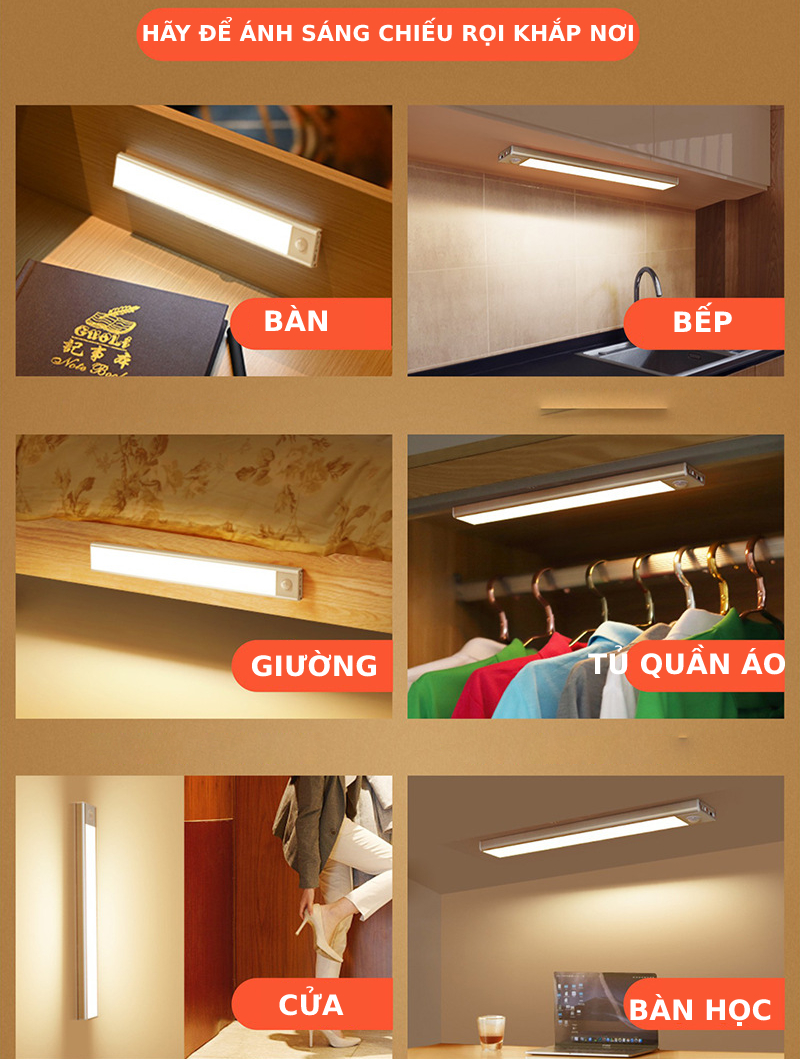 [Có sẵn] Bộ đèn LED cảm ứng gắn tủ, tủ quần áo, tủ chén, tự động sáng, tiện dụng tích hợp pin sạc, nhiều mẫu