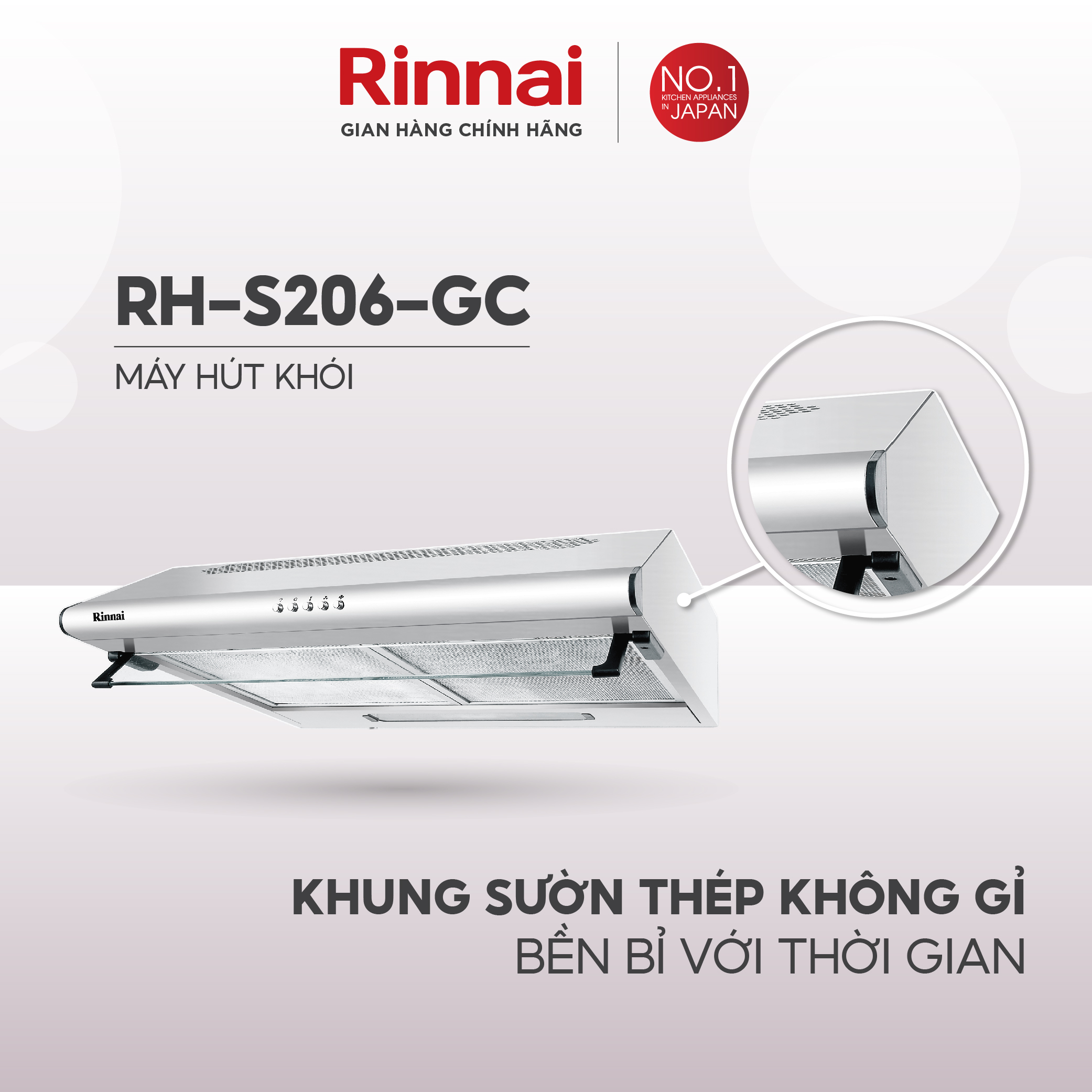 Máy hút mùi Rinnai RH-S206-GC than hoạt tính và ống thoát 250W - Hàng chính hãng.