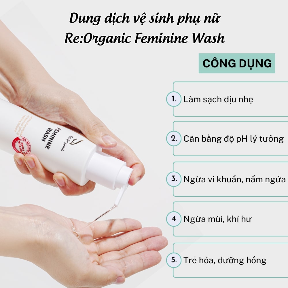 Dung dịch vệ sinh phụ nữ Re:Organic Feminine Wash 200ml Hàn Quốc, gel làm sạch, khử mùi hôi, cân bằng pH, vệ sinh phụ khoa dùng cho cả Nam và Nữ