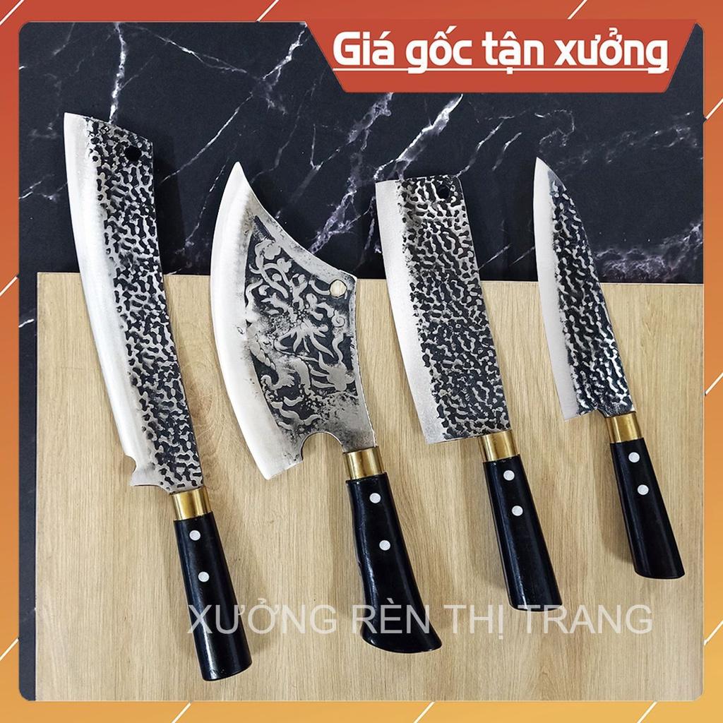 Bộ 4 Dao Thép Nhíp Dập Vân 2 Mặt Cao Cấp Dùng Cho Nhà Bếp, Chặt Cây, Chặt Xương, Thái Lọc Thịt