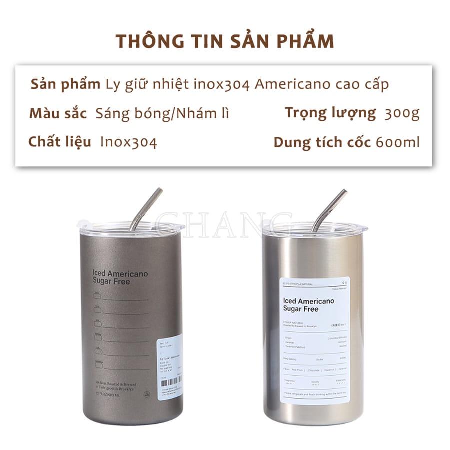Ly Giữ Nhiệt Americano 600ML, Cốc Giữ Nhiệt Inox 304 Cao Cấp Không Gỉ Có Ống Hút Tiện Lợi