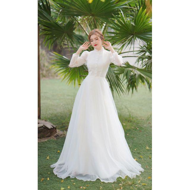 Váy maxi trắng tay dài , váy đi bàn , váy cưới cô dâu
