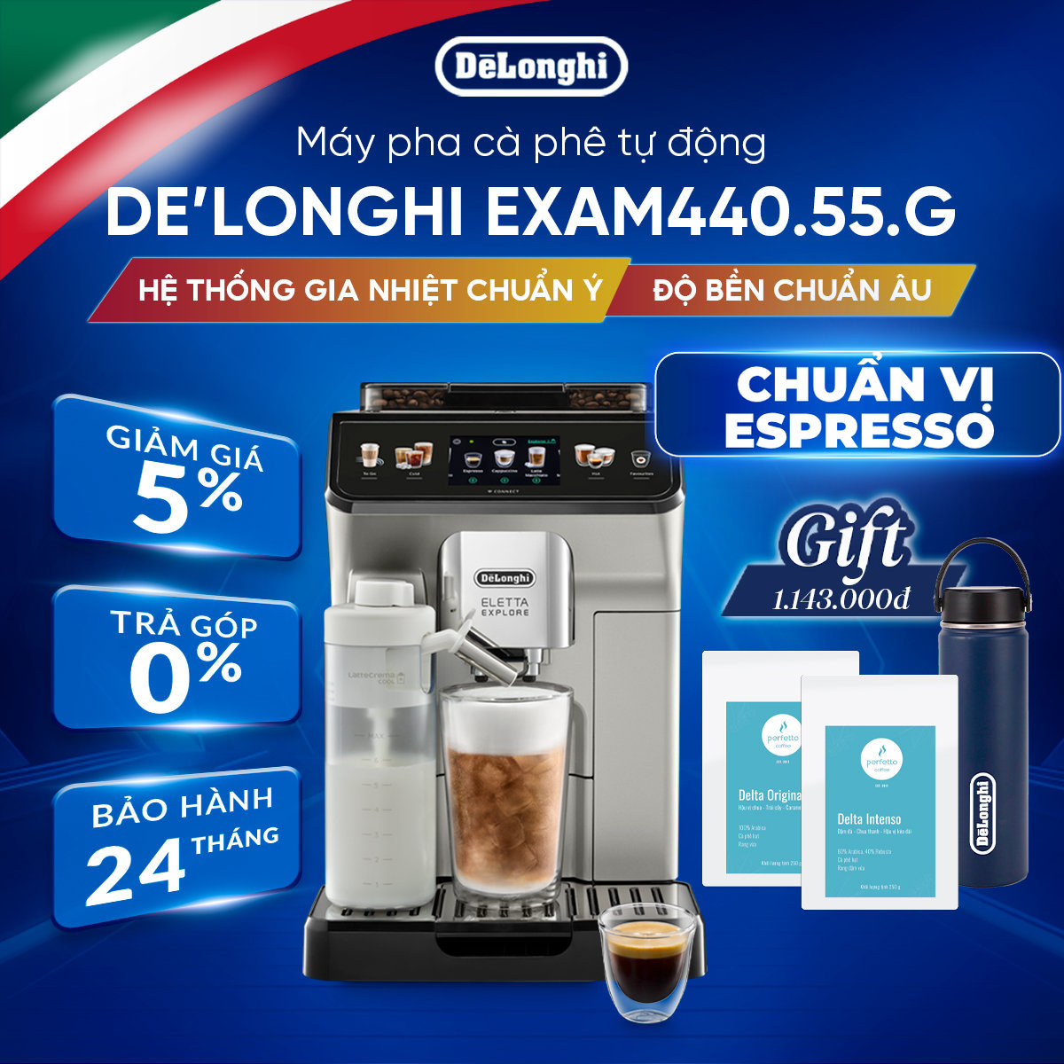Máy pha cà phê tự động DeLonghi Eletta Explore ECAM450.65.S - Hàng Chính Hãng
