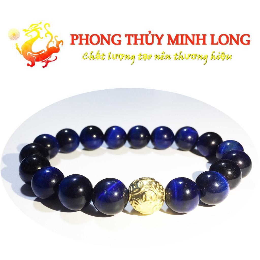 Vòng tay đá Mắt Hổ Xanh Dương chất lượng 5A mix 1hạt kim tiền Vàng hợp mệnh thủy và Mộc