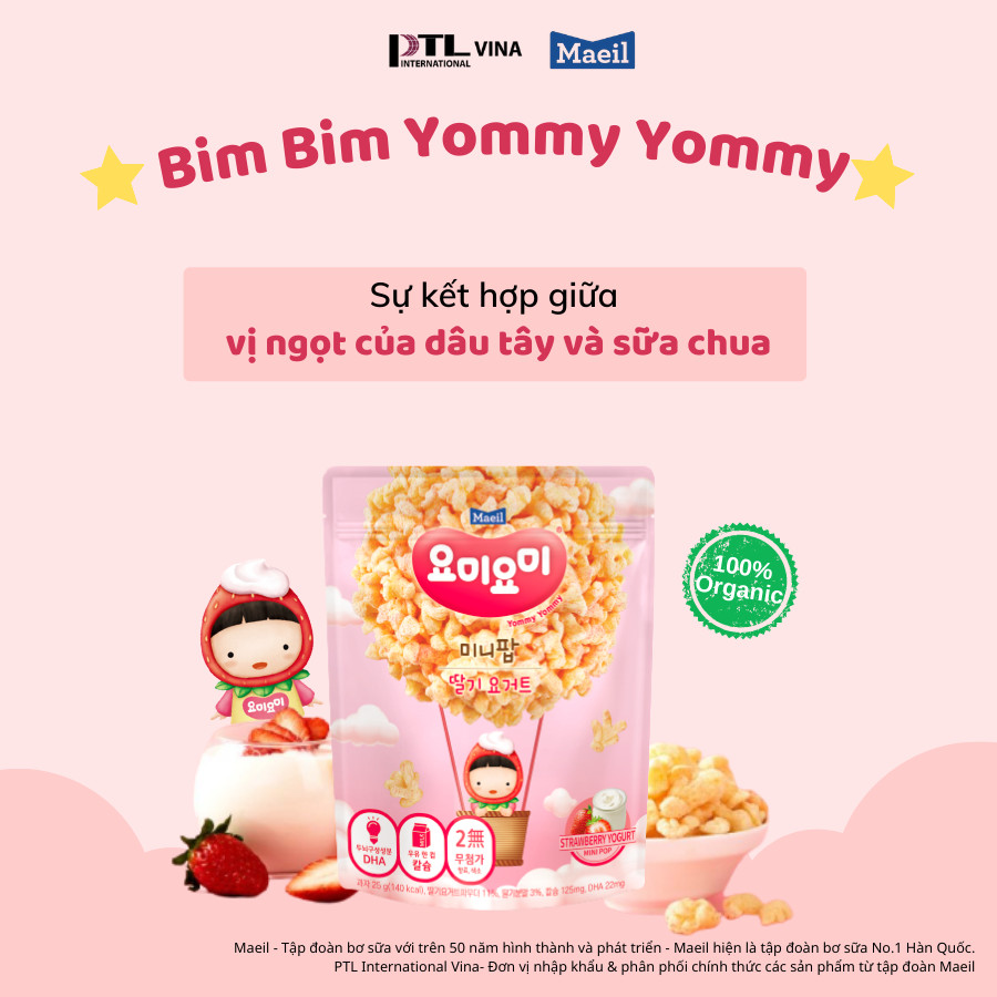 Bim Bim Maeil Yommy Yommy Hàn Quốc Vị Dâu Tây bổ sung DHA dành cho bé 12M 25g