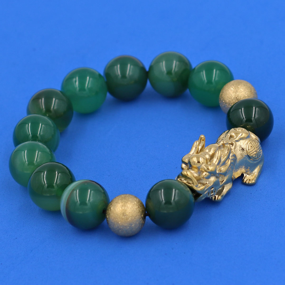 Vòng chuỗi đeo tay mã não xanh lá sọc 14 ly  charm tỳ hưu và bi inox vàng, vòng tay chuỗi hạt