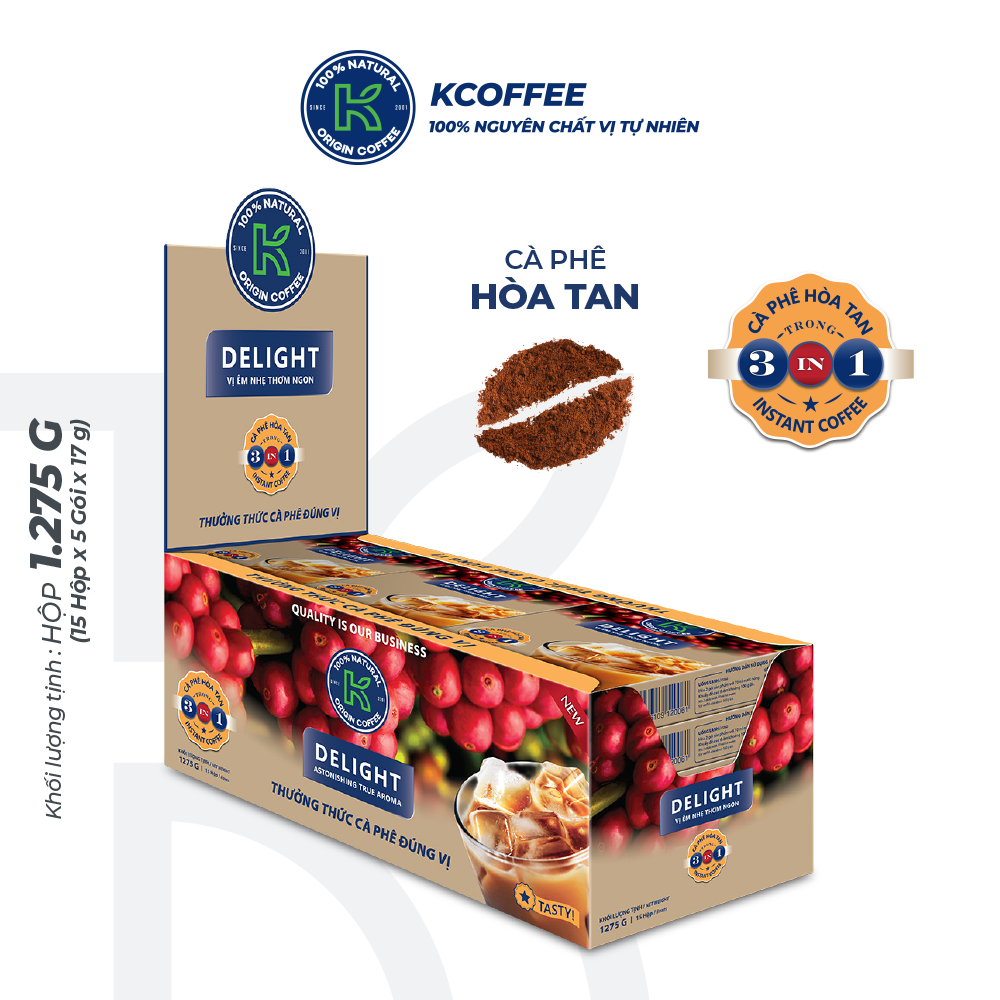 Cà phê hòa tan K Coffee 3 in 1 Delight đậm đà vị cà phê sữa đá 1275g (Thùng 15 hộp x 85g)