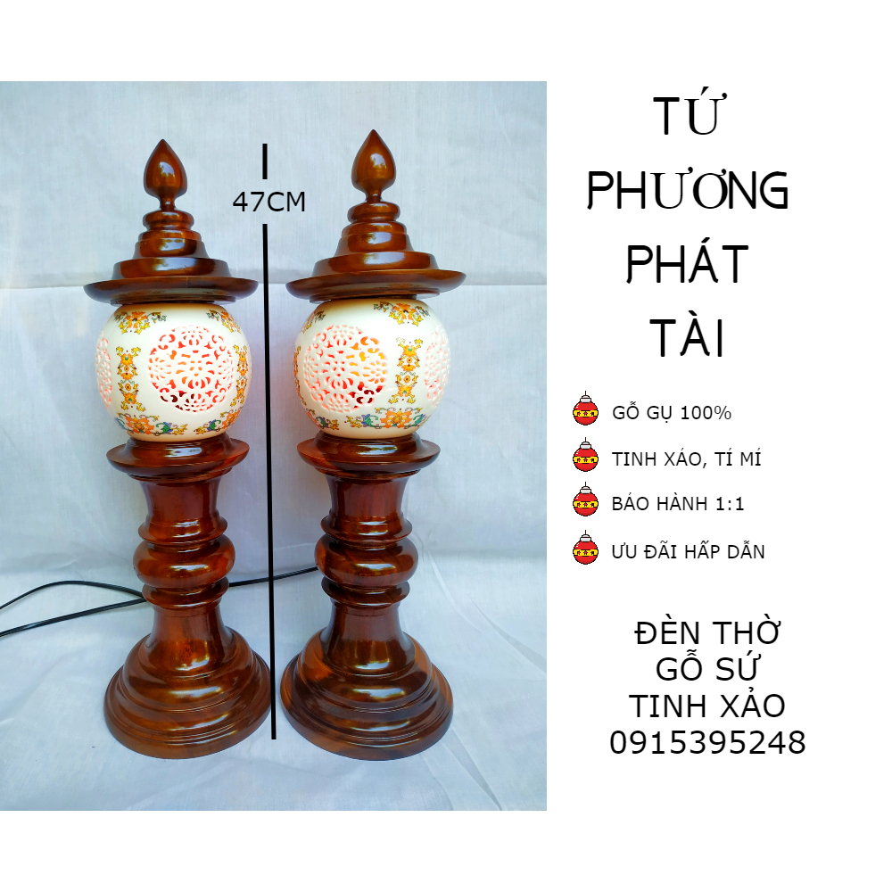 Đôi đèn thờ gỗ sứ tinh xảo TỨ PHƯƠNG PHÁT TÀI (tặng kèm bóng LED dự phòng)