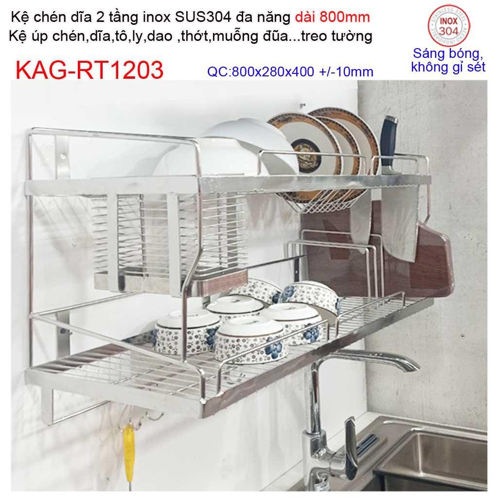 Kệ úp chén dĩa 2 tầng 80cm đa năng inox 304, kệ chén dĩa 2 tầng inox KAG-RT1203