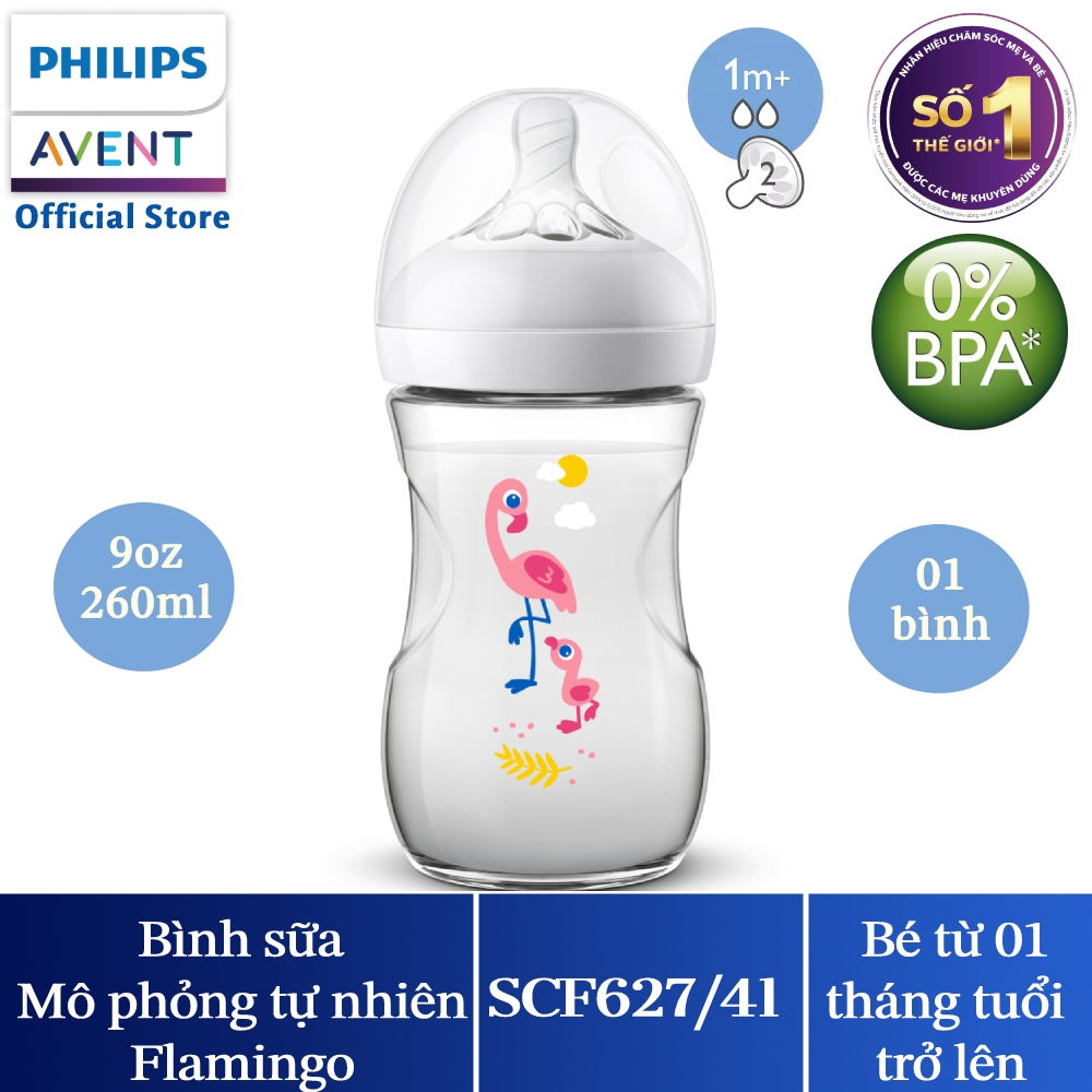 Bình  sữa Mô phòng tự nhiên Philips Avent dung tích 260ml cho bé từ 1 tháng tuổi (họa tiết Hippo/Flamingo)