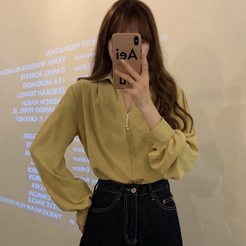 Áo Kiểu Tay Dài Cổ Chữ V Thiết Kế Màu Trơn Thanh Lịch Dành Cho Nữ