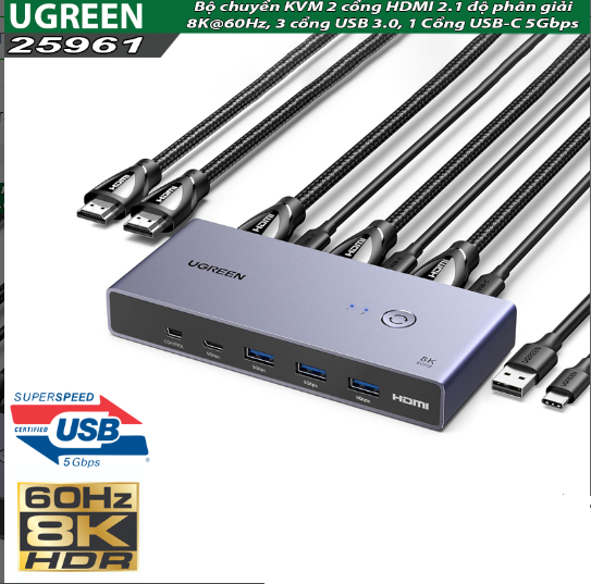 Bộ chuyển đổi KVM 2 cổng HDMI 2.1 Ugreen 25961 độ phân giải 8K@60Hz - Hàng Chính Hãng