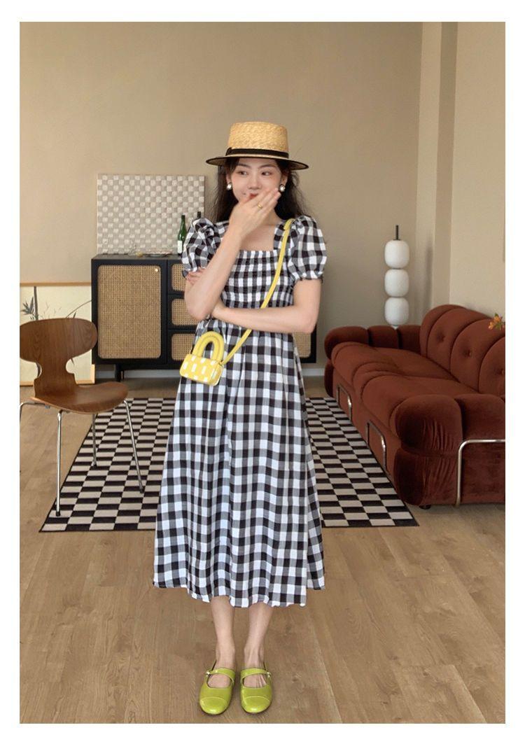 TOBE1SHOP Thanh lịch Port Wind Vintage kẻ sọc ăn vuông cổ thắt lưng sọc đi lại khí chất ngọt ngào bong bóng tay áo váy