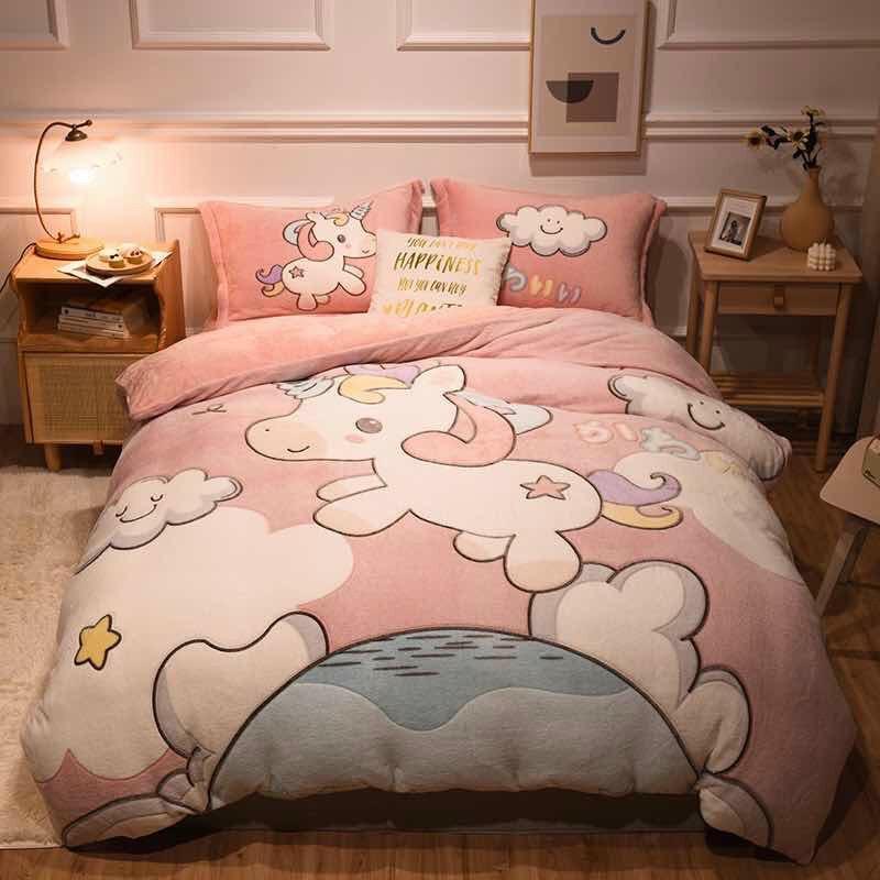 Bộ Chăn Ga Gối Đệm Cute, Chăn Ga Nỉ Nhung, Bộ Chăn Mền Ga Gối Nỉ Nhung Cao Cấp Siêu Mềm Mịn