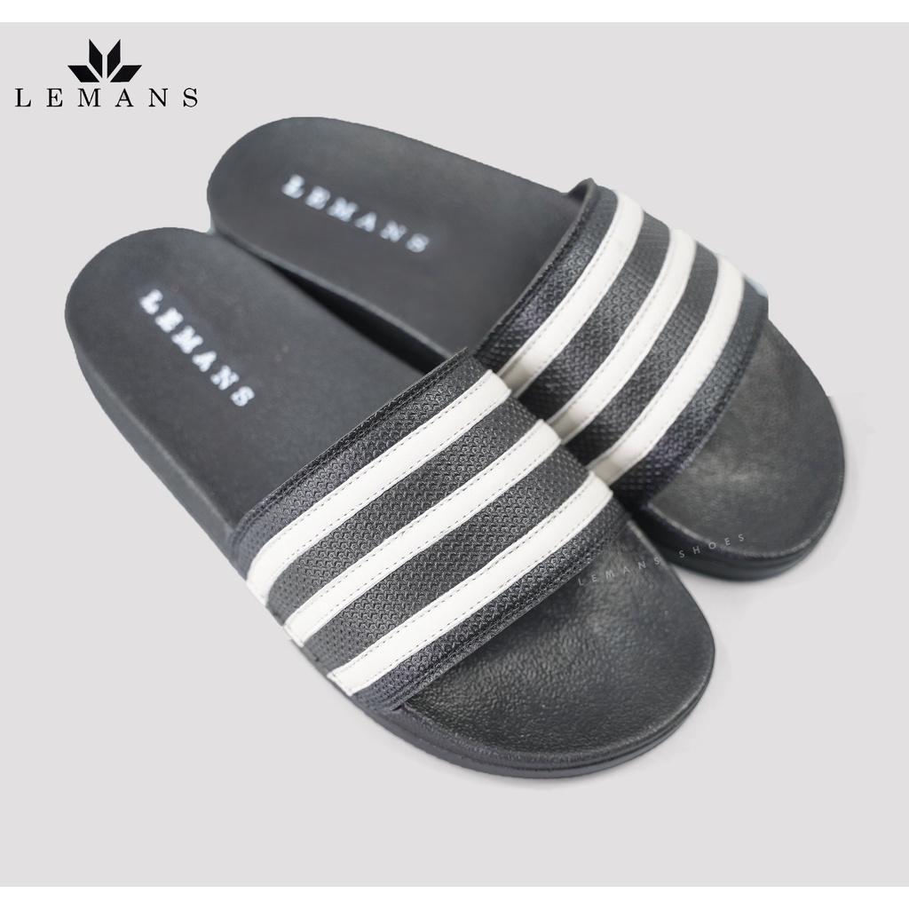 Dép Slipper Slides LEMANS Nam Nữ sọc đen trắng Da Bò. Đế Cao su đúc độc quyền, Đế Siêu Nhẹ &amp; Êm Cao 2,5cm. Bảo hành 06 tháng