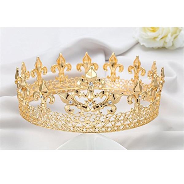 Vương miện nam vương tròn màu vàng Hoa văn đính đá cao 8 cm