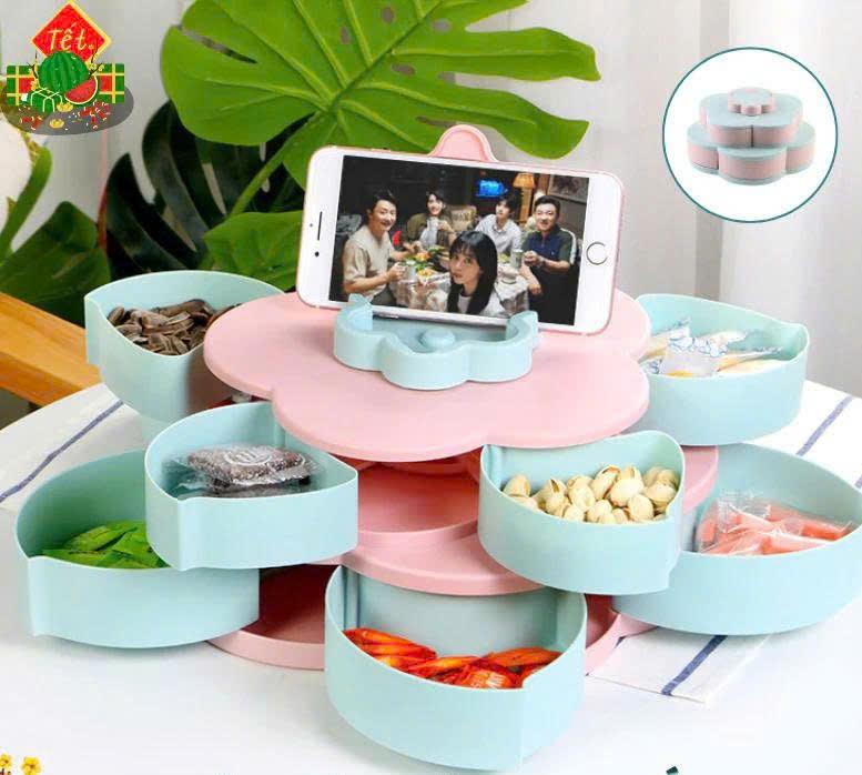 Khay đựng mứt bánh kẹo tết 2 tầng 10 cánh xoay 360 độ trưng bày bánh kẹo tết