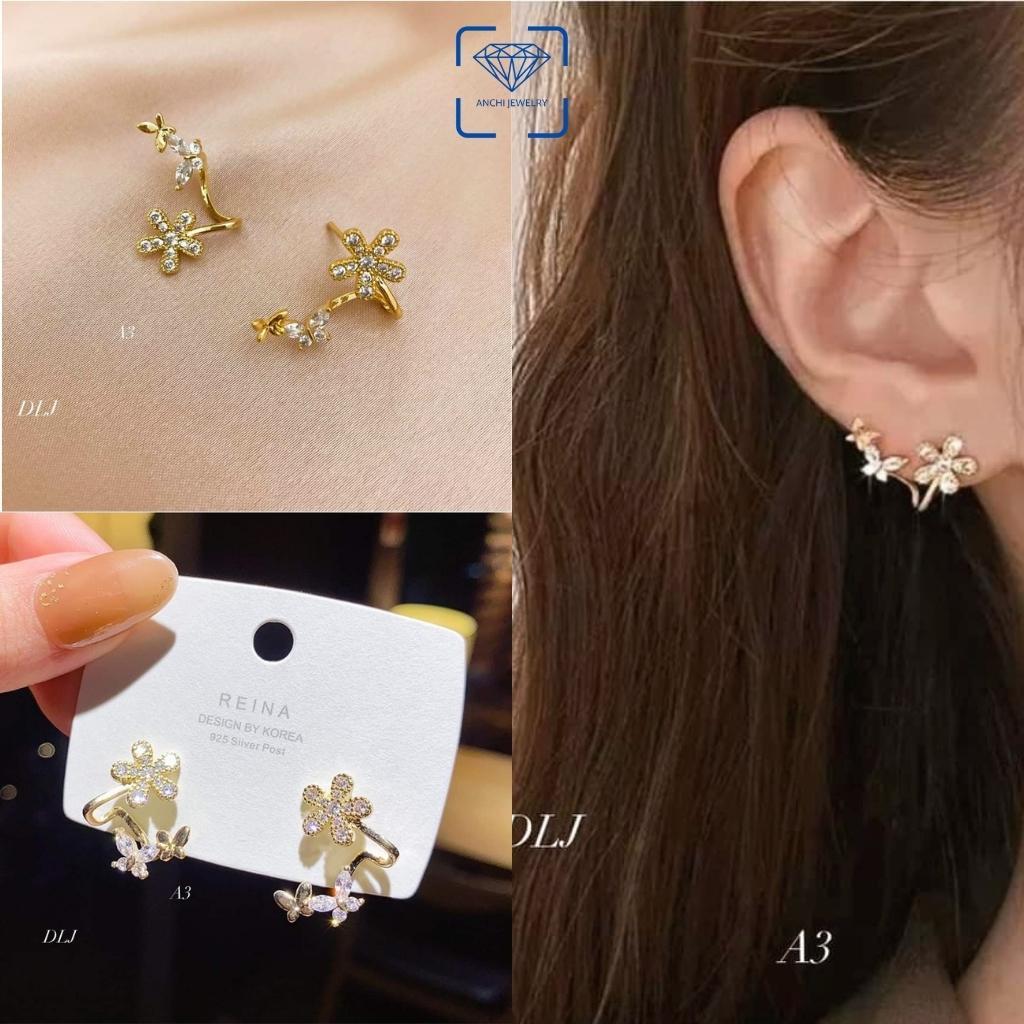 Bông tai ôm vành hình hoa và cánh bướm bạc xi vàng đính đá trẻ trung, Anchi jewelry