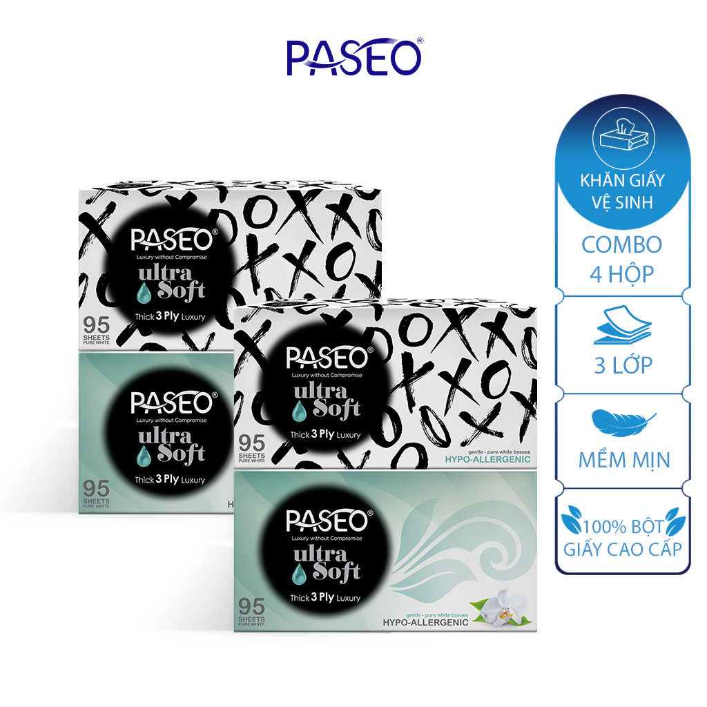 Combo 4 hộp khăn giấy Paseo Hypo-allergic XOXO 95 tờ,  3 lớp, mềm mịn như nhung, PEFC cert.