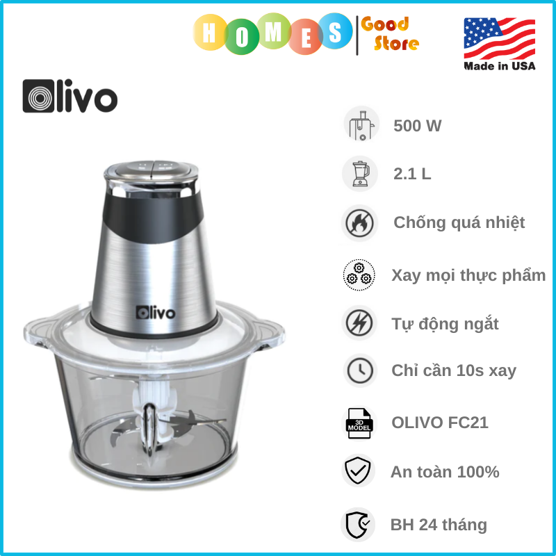 Máy Xay Thịt, Máy Xay Thực Phẩm Đa Năng OLIVO FC21 Thương Hiệu Mỹ Dung Tích 2.1 Lít Công Suất 500 W - Hàng Chính Hãng