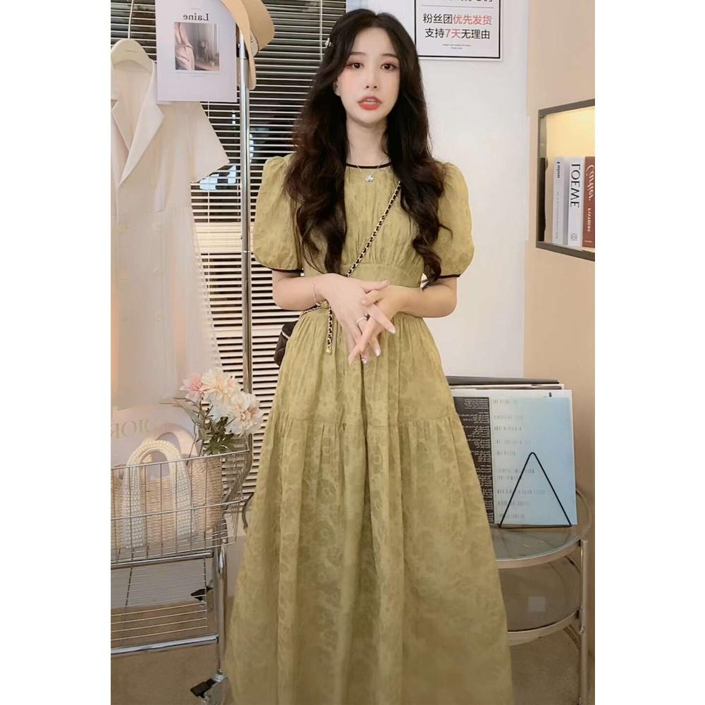 Đầm midi hoạ tiết hoa hồng cổ tròn viền tay phong cách vintage - V02