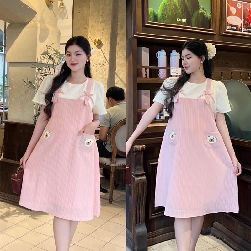 Đầm bầu yếm liền phối túi dễ thương xinh xắn, đầm bầu xinh sang chảnh đi làm đi chơi đều xinh - Nâu